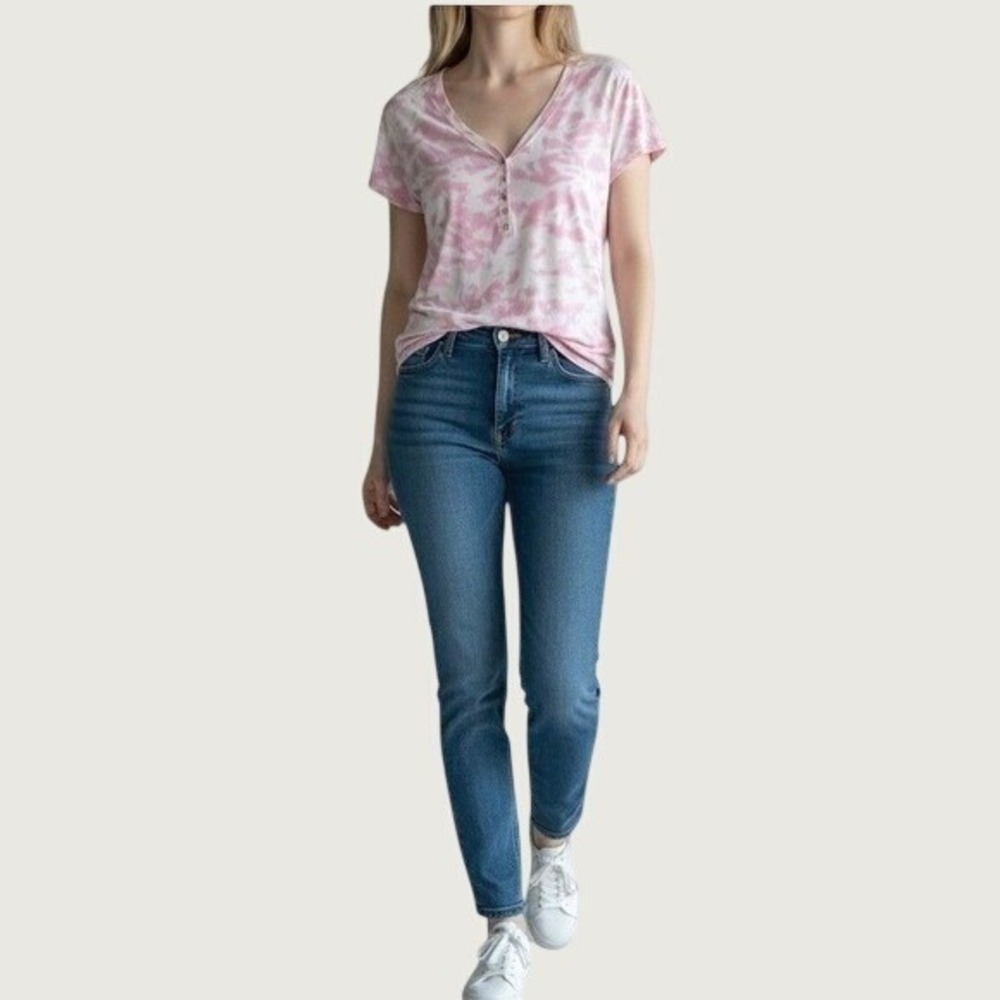 Insomniax Pink Tie Dye Short Sleeve T-Shirt V-Neck Button Placket Cotton Casual